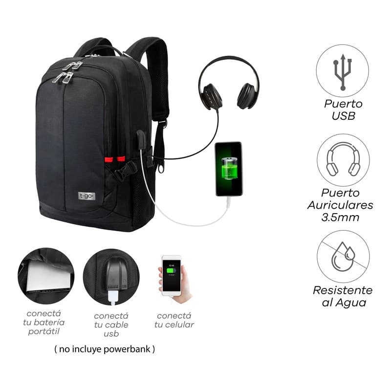 Mochila Ejecutiva T-Go AB339 Porta Notebook 15.6" USB 40L impermeable