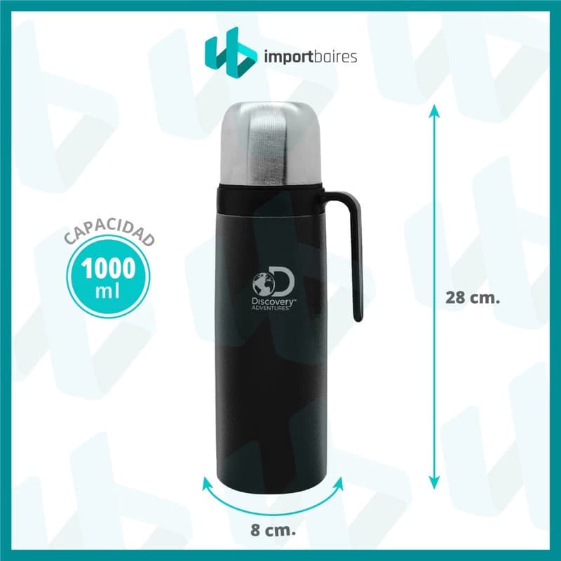 Termo Bala Mate 1 Litro con Manija Discovery Adventure - Acero Inox, Boca Ancha — Negro