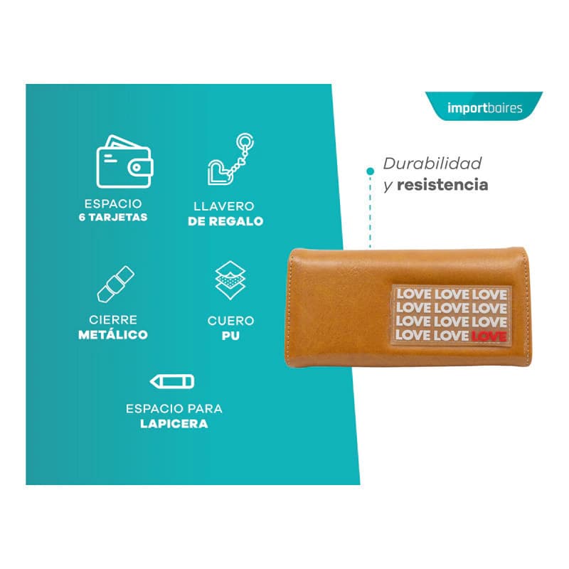 Billetera Fichero de Mujer Oreiro Love | Cuero Sintético con Monedero — Camel 27876 / Liso brillante