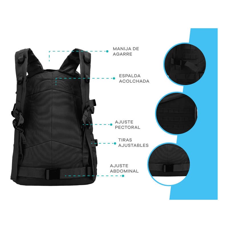 Mochila Táctica Reforzada para Camping y Trekking con Parches de Regalo T-GO EM170 — Negro / Liso