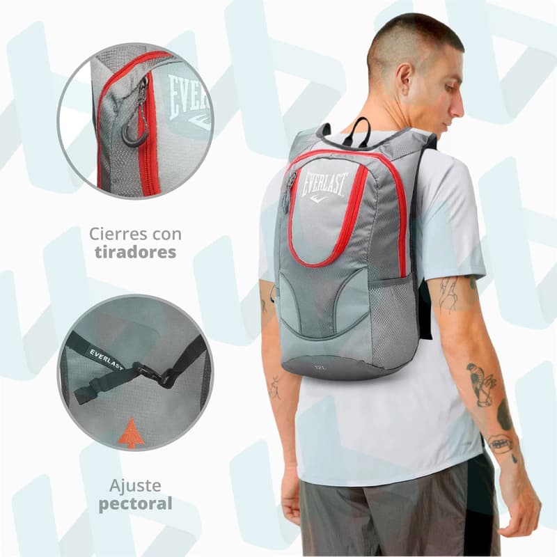Mochila Running Everlast 12L ultraliviana con salida hidratación trekking — Negro / Liso