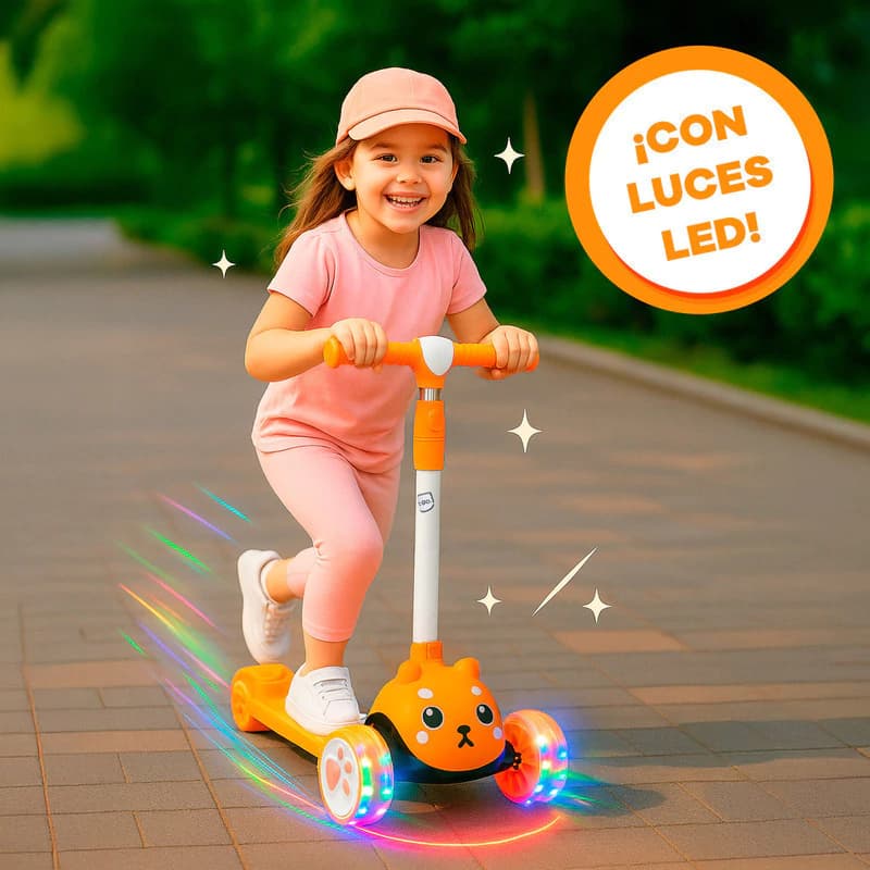 Monopatín Infantil con Luces LED T-Go Perrito — Altura Regulable 3 Ruedas