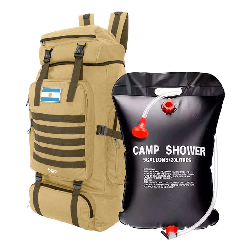 Mochilas Camping 70 Litros + Ducha Solar Portatil 20 Litros — Camel / Liso