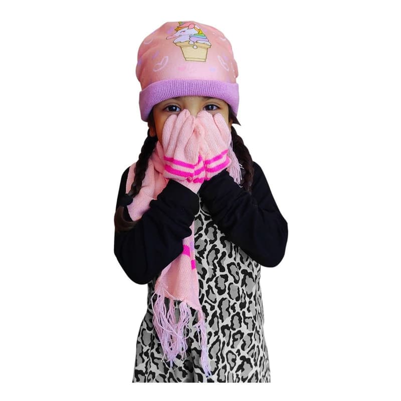 Set Invierno Niños Gorro + Bufanda + Guantes Trendy | Abrigo Suave — Rosa / Único