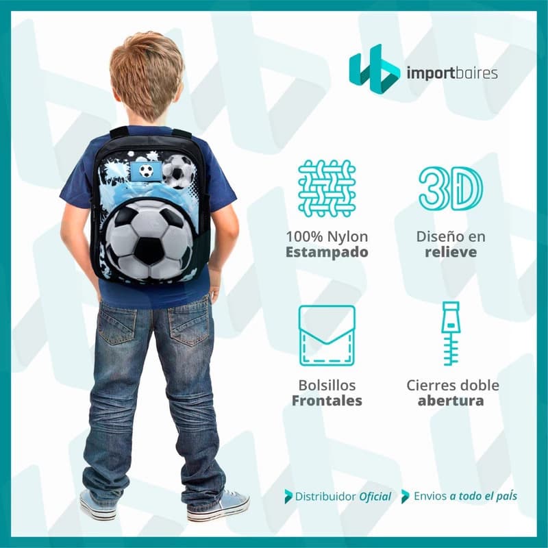Mochila Escolar Infantil 3D Fútbol | Preescolar y Nivel Inicial — Azul