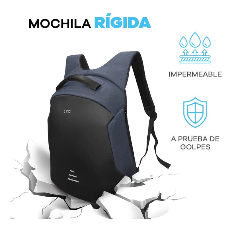 Mochila Ejecutiva Porta Notebook T-Go Premium Antirrobo Impermeable USB 15.6" — Gris / Liso