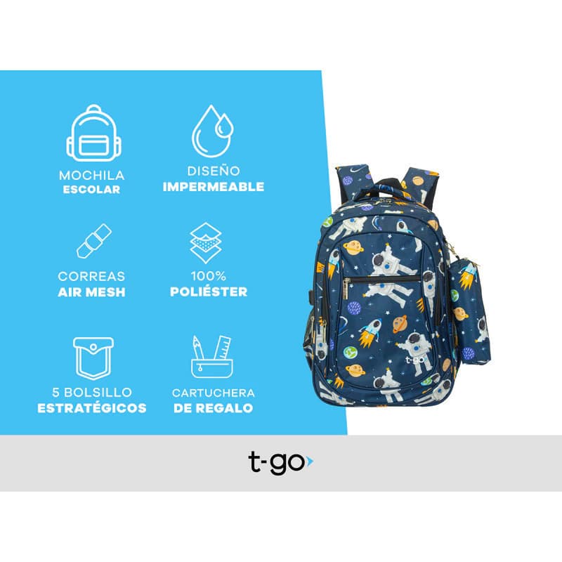 Mochila T-go Escolar Modelo Eb44 25l | Color Azul Estampado