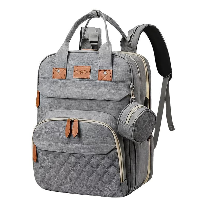 Mochila Maternal T-GO 3 en 1 con Cuna, Cambiador y Mosquitero — Gris / Liso jaspeado