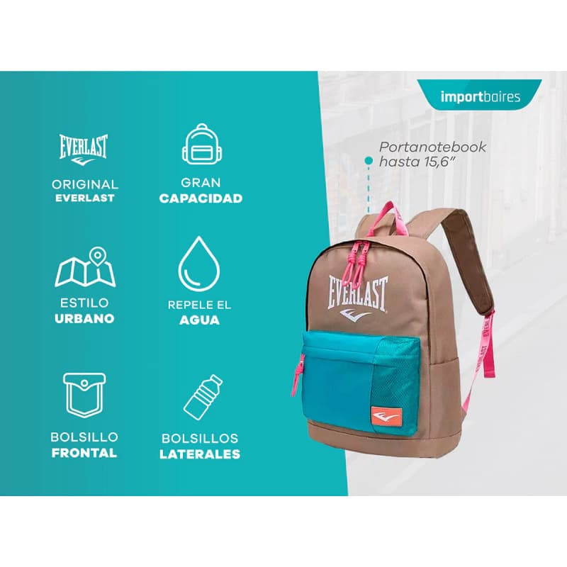 Mochila Everlast Portanotebook 15.6" Urbana Reforzada Poliéster 20L — Caqui 22257 / Liso