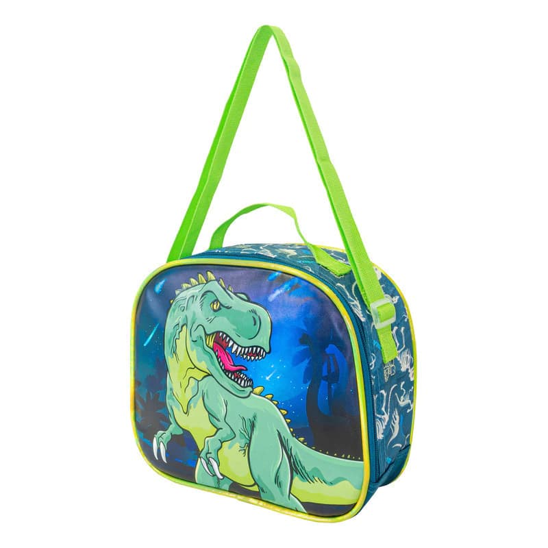Lunchera Térmica Escolar T-Go Tipo Morral 5L | Modelo QD14 — Verde Dinosaurio con tira verde / Estampado