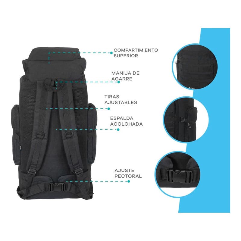 Mochila Mochilero Camping Trekking Senderismo Campamento Montaña 70 Litros + Regalo — Negro / Liso