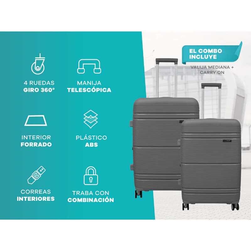 Set de Valijas Rígidas Bagcherry ABS Mediana 24" + Carry On 20" con Candado TSA — Gris 241 / Liso