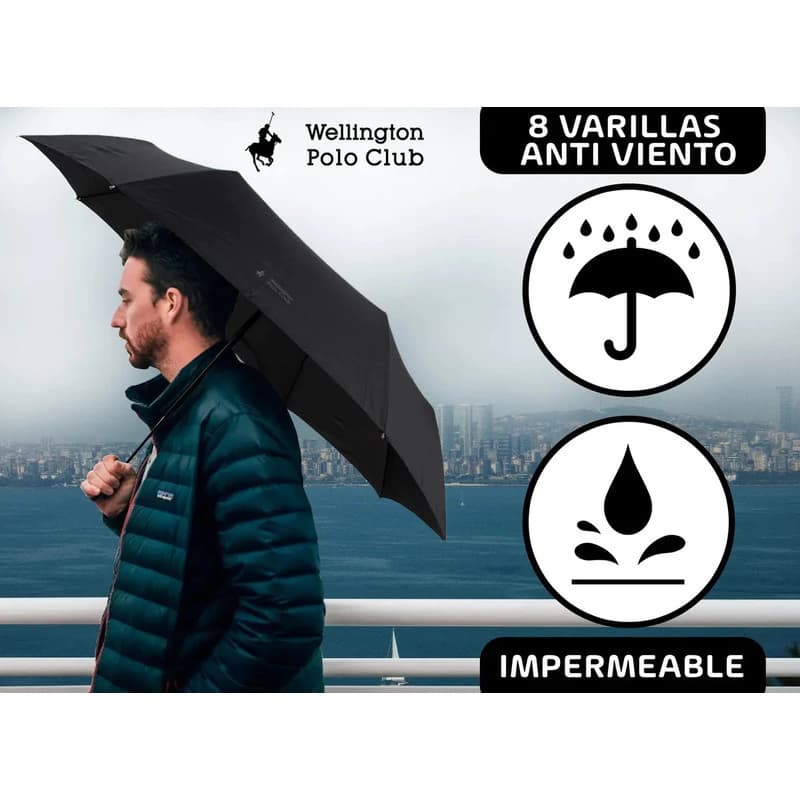 Paraguas Wellington Polo 6301 Unicolor Recto Automático — Negro / Liso