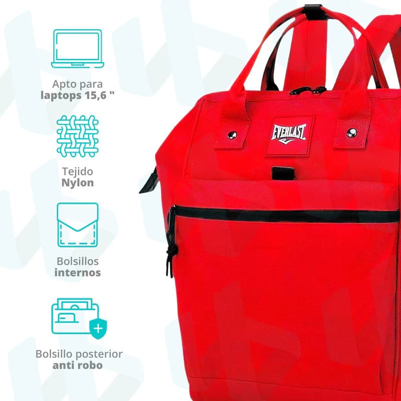 Mochila Urbana Boca de Pez Everlast Nylon con Bolsillo Antirrobo para Notebook — Rojo 21484 / Liso