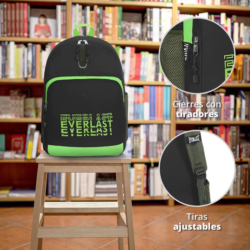 Mochila Everlast Urbana Escolar con Porta Notebook 15.6" — Tela Anti Desgarre — Negro 16271 / Liso