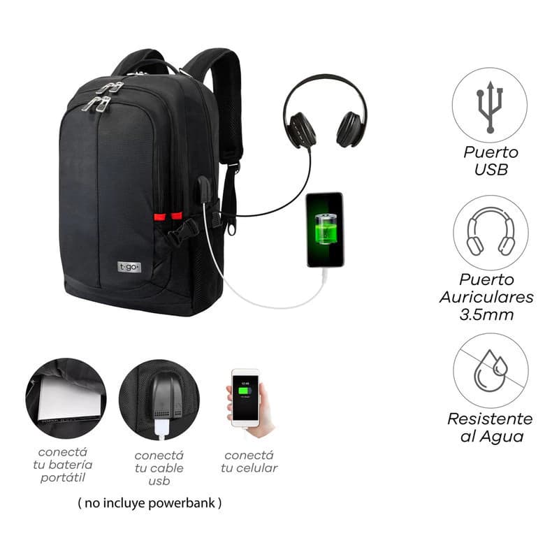 Mochila T-Go AB340 40L para Notebook 15.6" Urbana Impermeable Negro