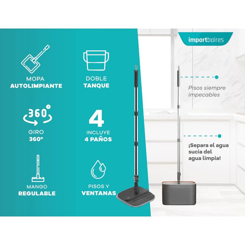 Mopa Plana 360° Para Piso Con Balde Escurridor Y 4 Repuestos