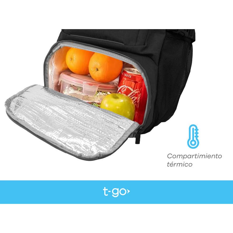 Mochila Urbana Porta Notebook con Candado y Bolsillo Térmico T-Go EB101 — Negro / Liso
