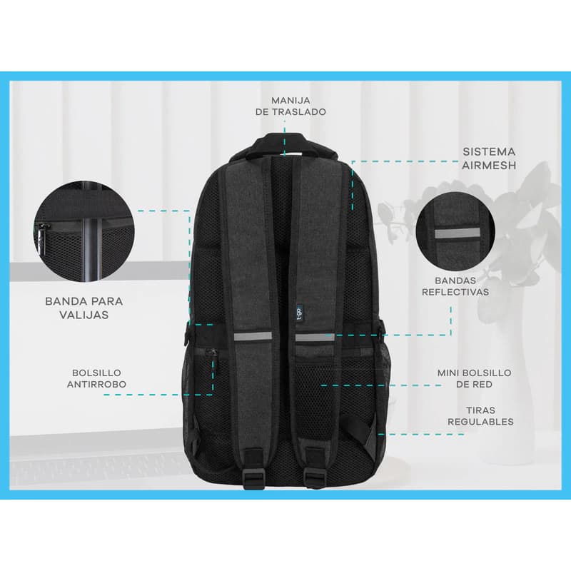 Mochila Urbana Porta Notebook con Candado y Bolsillo Térmico T-Go EB101 — Negro / Liso