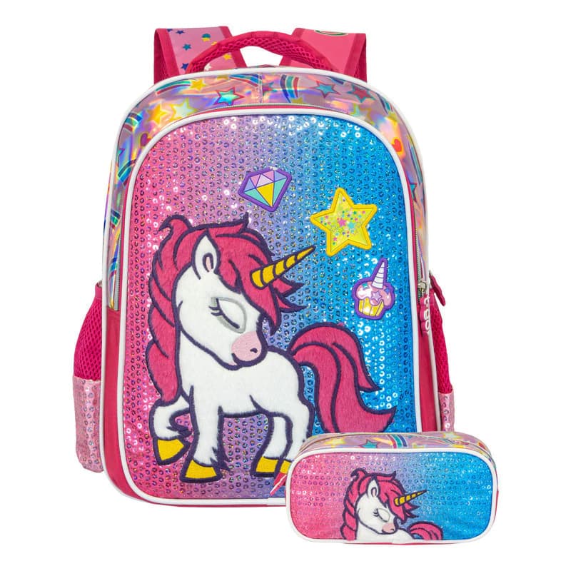 Kit Escolar | Mochila + Cartuchera | Unicornio — Rosa diamante / Unicornio Peluche