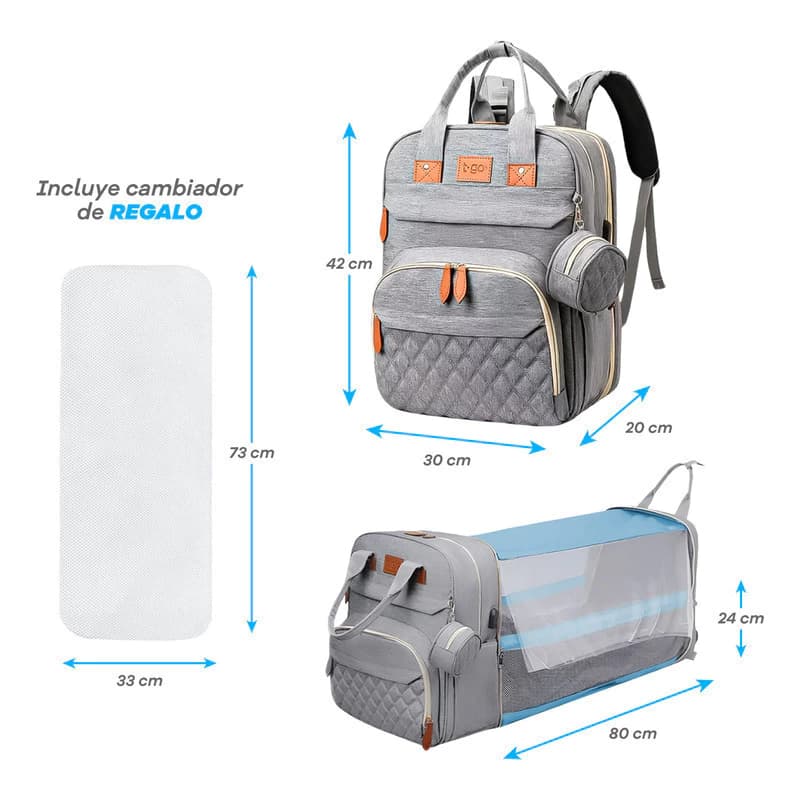 Mochila Maternal T-GO 3 en 1 con Cuna, Cambiador y Mosquitero — Gris / Liso jaspeado