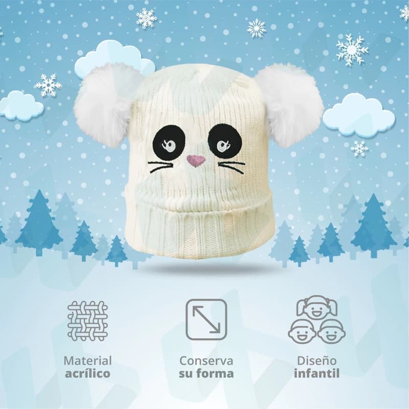 Gorro Lana Nena Doble Pompón Polar Interno Trendy – Abrigado y Adorable — Blanco Unicornio / Único