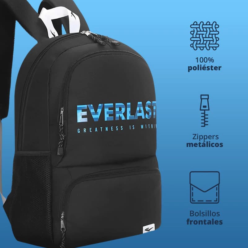 Mochila Everlast Urbana Escolar con Porta Notebook 15.6" — Tela Anti Desgarre — Negro 16271 / Liso
