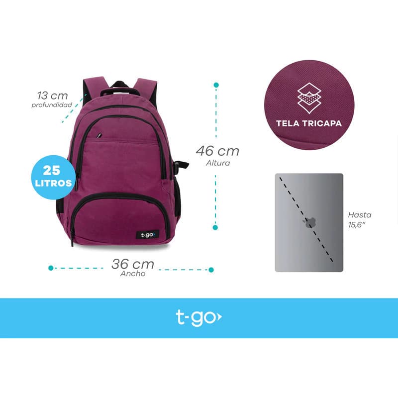 Mochila Porta Notebook 15,6" T-GO Eb66 Liviana, urbana, de oficina — Negro / Liso