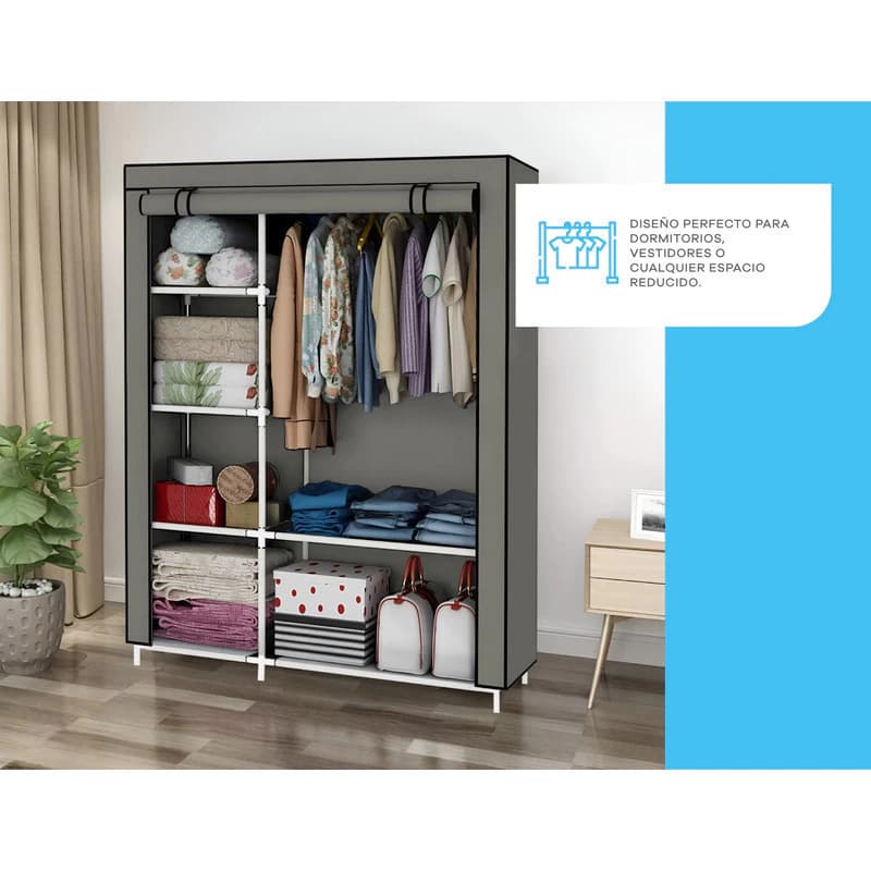 Placar Ropero Portátil de Tela | 6 Estantes + Barral | Funda Anti-Polvo | Simple Home