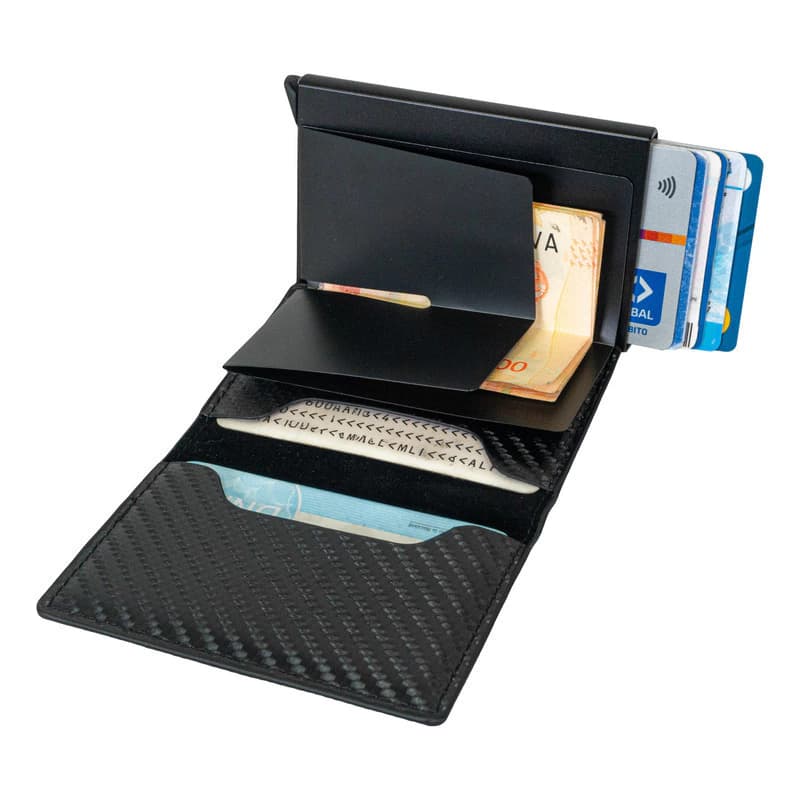 Porta Tarjetas T-Go WL405 con RFID y Pop Up | Metal y Ecocuero — Marrón