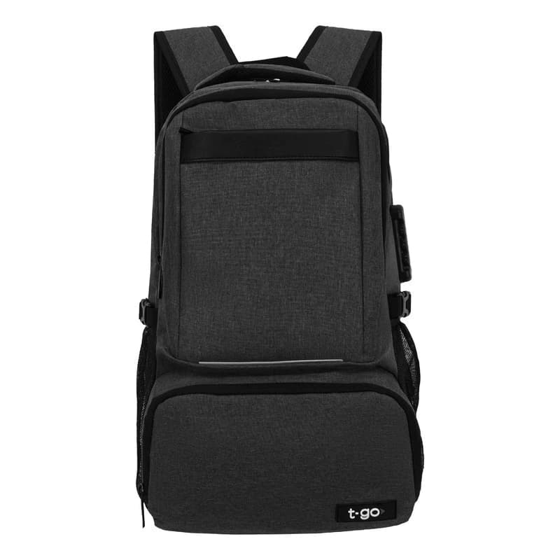 Mochila Urbana Porta Notebook con Candado y Bolsillo Térmico T-Go EB101 — Negro / Liso