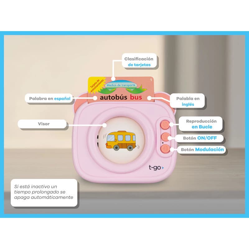 Lector de Tarjetas Bilingüe Inglés-Español T-Go | Juego Educativo 224 Palabras — Celeste