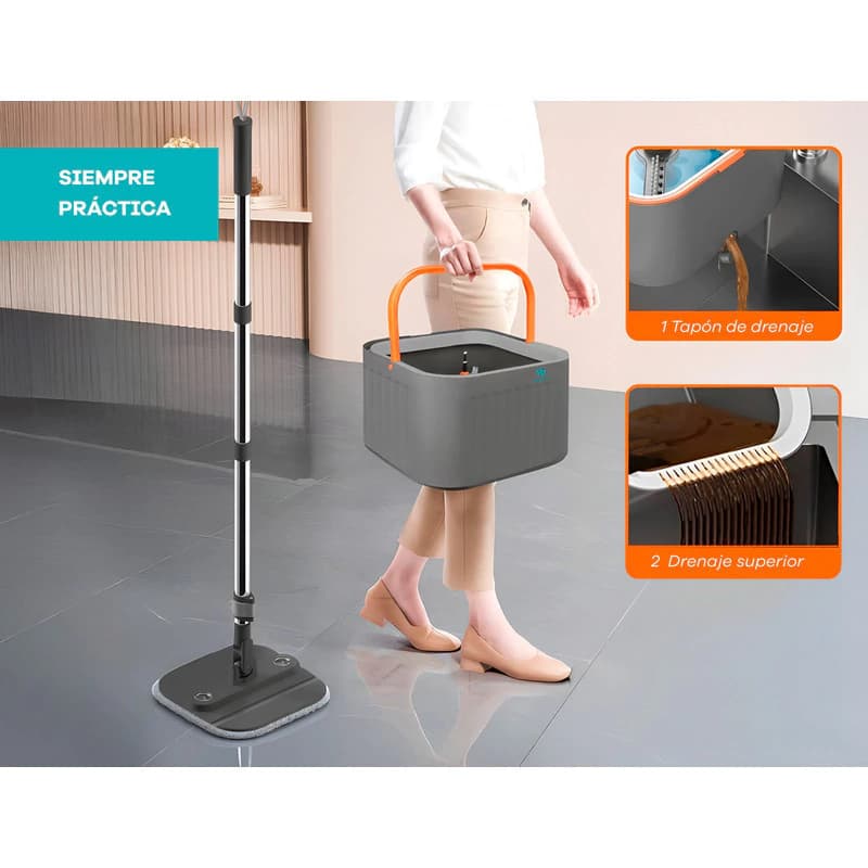 Mopa Plana 360° Para Piso Con Balde Escurridor Y 4 Repuestos