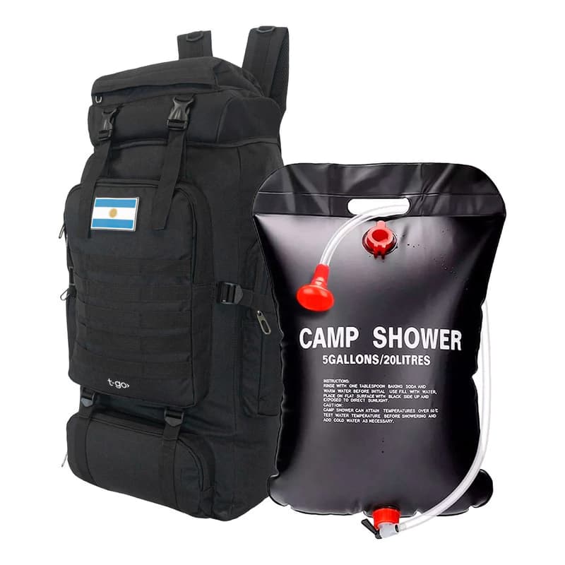Mochilas Camping 70 Litros + Ducha Solar Portatil 20 Litros — Negro / Liso