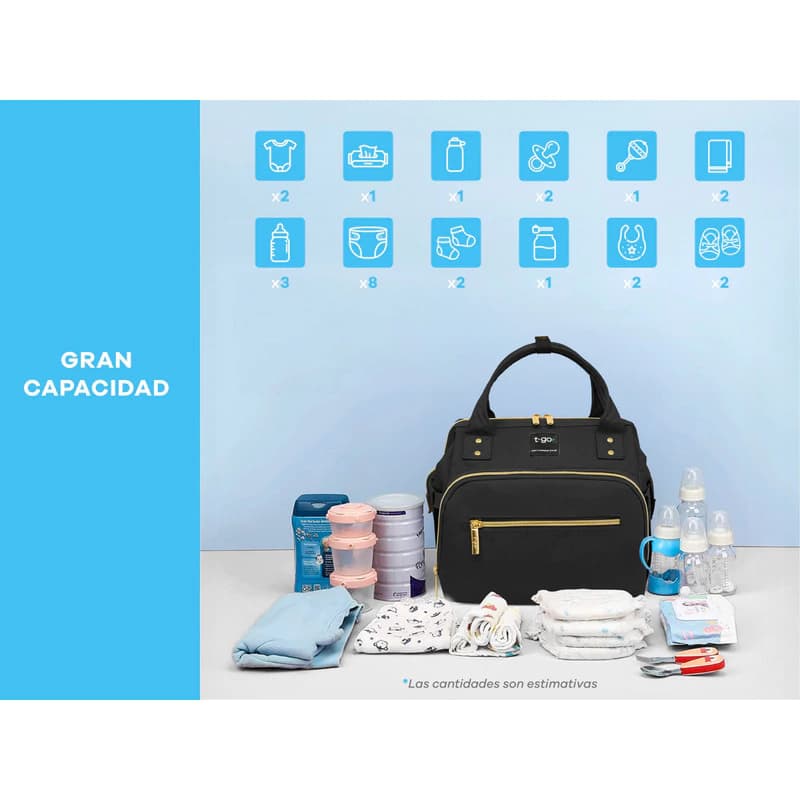 Mini Cartera Maternal Térmica T-Go con Bandolera – Compacta y Organizada — Negro / Lisa