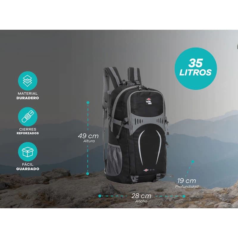 Mochila Trekking 35L Alpine Skate con Ajuste Pectoral y Abdominal — Azul 16802 / Liso