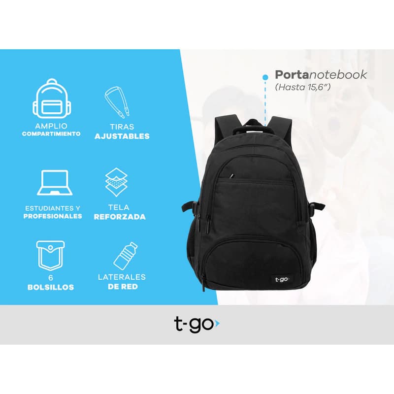 Mochila Porta Notebook 15,6" T-GO Eb66 Liviana, urbana, de oficina — Negro / Liso