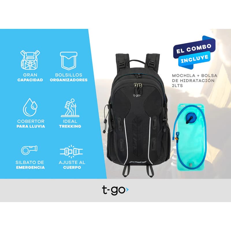 Mochila Trekking 40 Litros + Bolsa De Agua 2lts Hidratacion
