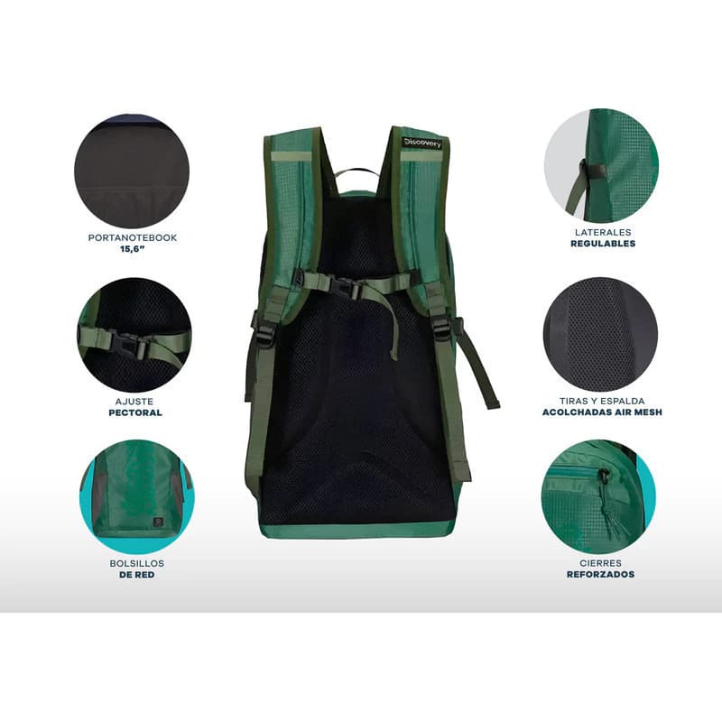 Mochila Urbana Discovery Porta Notebook 15,6" con Ajuste Pectoral | Modelo 16943 — Verde Militar 16943 / Liso