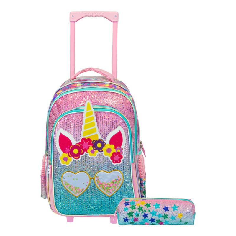 Kit Escolar | Mochila Carro + Cartuchera + Funda — Rosa Lentes / Liso