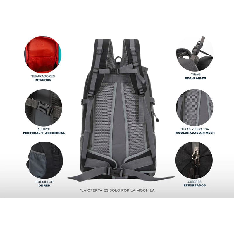 Mochila Trekking 35L Alpine Skate con Ajuste Pectoral y Abdominal — Azul 16802 / Liso