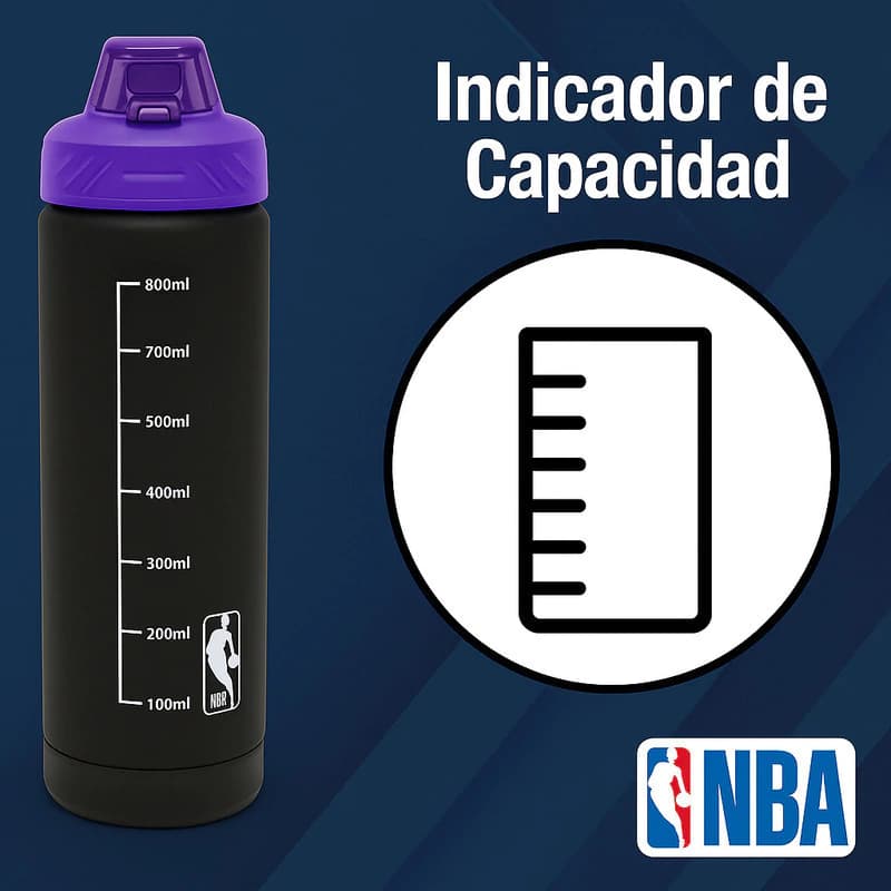 Botella Deportiva NBA 800ml Tapa Rebatible Libre de BPA con Medidor — Negro 16925