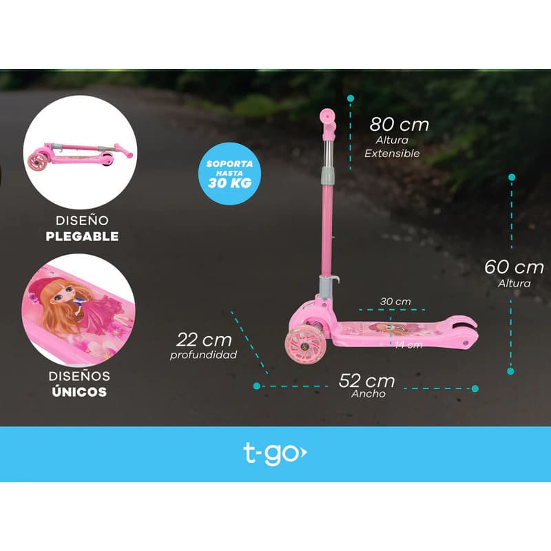 Monopatín Infantil Plegable con Luces LED T-Go Rosa | 3 Ruedas, Manubrio Regulable