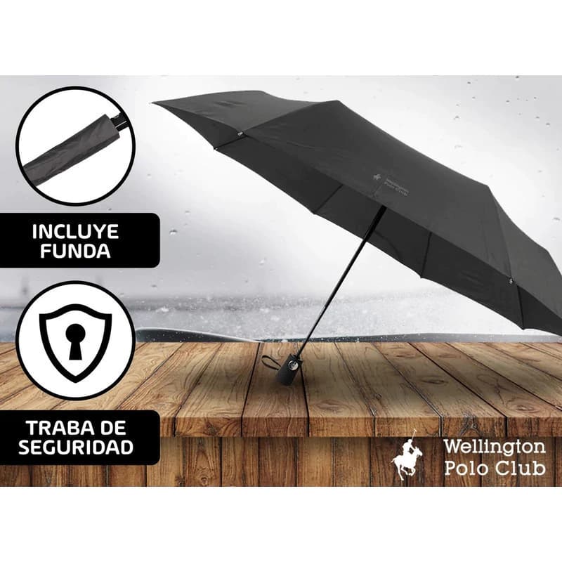 Paraguas Wellington Polo 6301 Unicolor Recto Automático — Negro / Liso