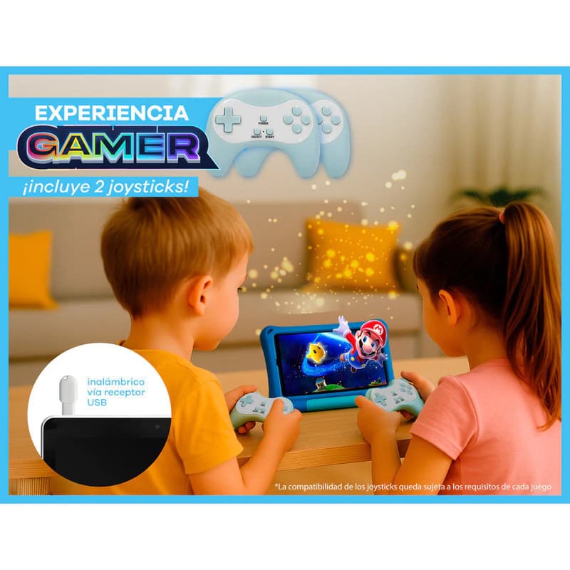 Tablet T-GO Kids 8" Android 14 con 2 Joysticks, 4GB RAM, 64GB, Realidad Aumentada y Funda Antigolpes - AZUL