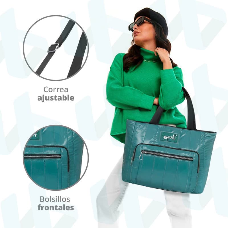 Bolso Cartera Muaa Símil Puffer Grande con Bolsillos — Estilo Urbano — Brillante / Negro 16383 / Negro
