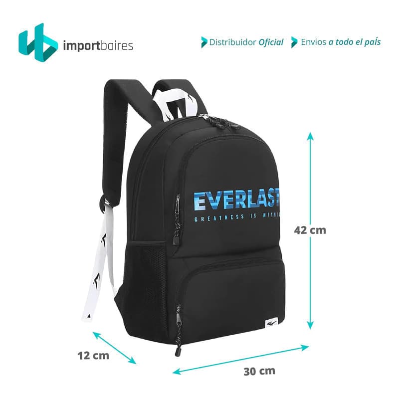 Mochila Everlast Urbana Escolar con Porta Notebook 15.6" — Tela Anti Desgarre — Negro 16271 / Liso