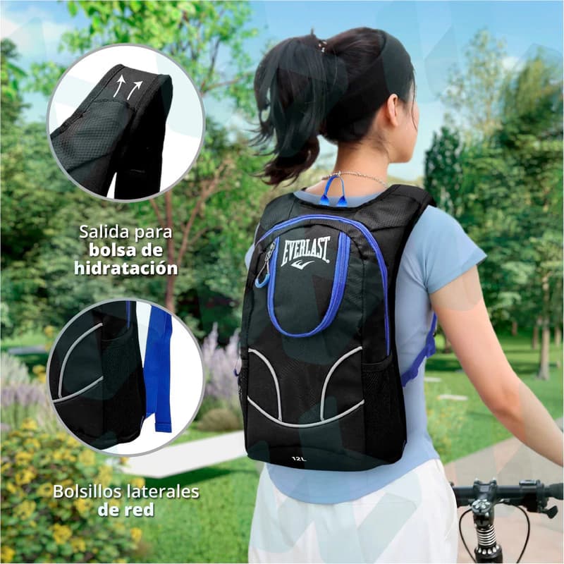 Mochila Running Everlast 12L ultraliviana con salida hidratación trekking — Negro / Liso