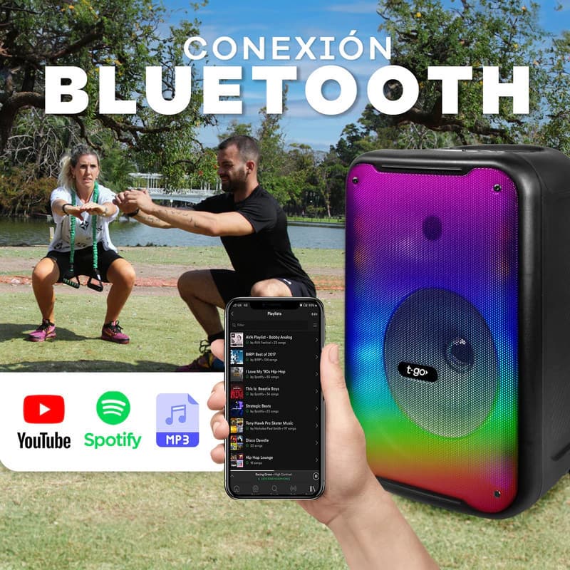 Parlante Portátil T-Go 8" Bluetooth con Micrófono, Luces LED y Radio FM – Karaoke incluido