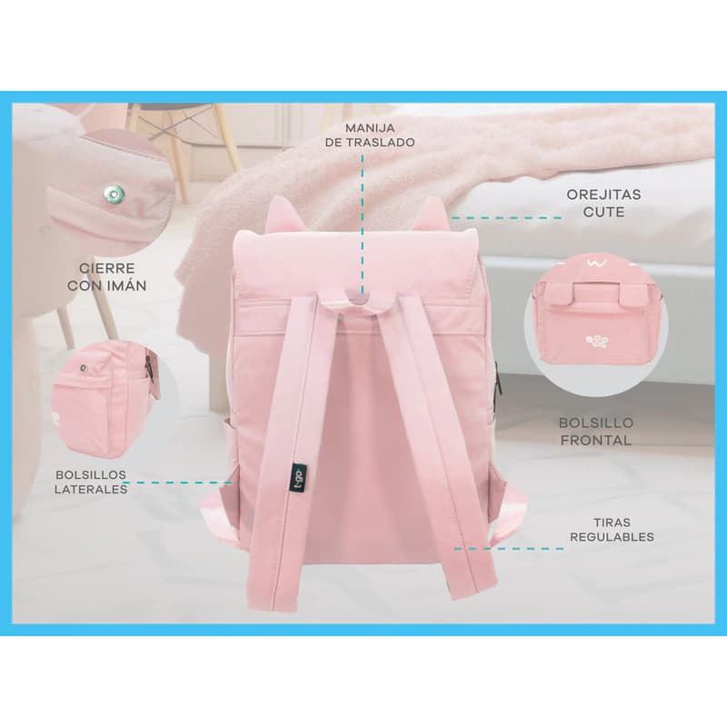 Mochila Kawaii Gatito T-Go Porta Notebook 14" | Diseño Aesthetic — Rosa